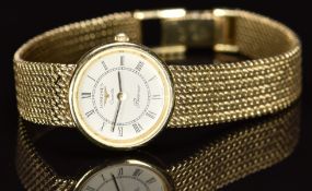 Longines Resence 9ct gold ladies wristwatch with black hands, Roman numerals, white dial and