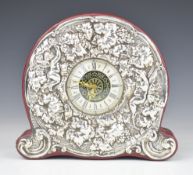 Hallmarked silver mounted mantel clock with embossed vine decoration, London 1988, maker Keyford