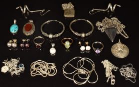 A 9ct gold ring, silver chains, silver pendants and silver earrings