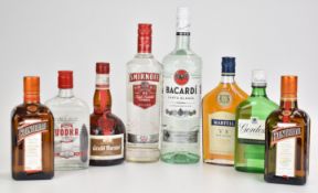 Spirits and liqueurs including Smirnoff 21 vodka, 70cl, 37.5%, Bacardi 1ltr, two bottles of