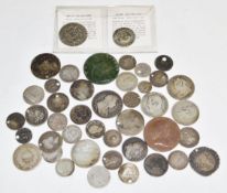 Approximately 100g of interesting worn silver coinage, some pierced, including Charles II, James