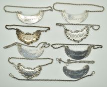 Set of five silver bottle tickets comprising Genever, Cognac, two Vermouth and Sherry, together with