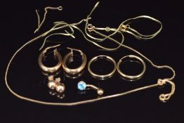 Three pairs of 9ct gold earrings, sections of 9ct gold chains, etc, 7g