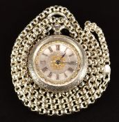 Hallmarked silver open faced pocket watch with blued hands, rose gold Roman numerals, applied gilt