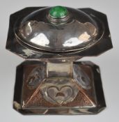 Arts & Crafts silver plated covered bowl with hardstone cabochon to lid, height 9.5cm