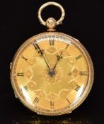Heitzman of Newport 18ct gold open faced pocket watch with black Roman numerals, blued beetle and