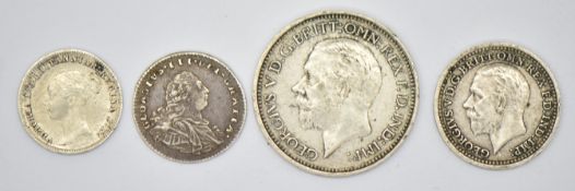 Four Maundy coins comprising 1800 George III penny, 1886 Queen Victoria penny and 1931 George V