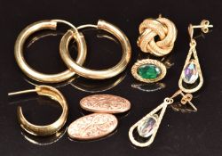 Two pairs of 9ct gold earrings, three single 9ct gold earrings and a 9ct gold single cufflink, 7.3g