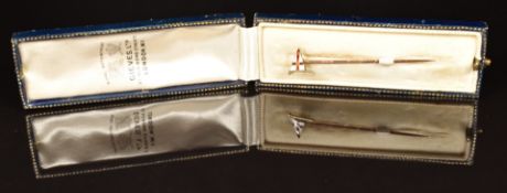 A 14ct gold stick pin by Gieves in the form of a flag set with enamel (1.2g), in antique box
