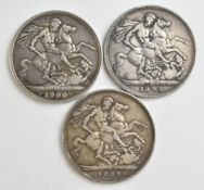 Three Queen Victoria crowns comprising 1889 and 1892 Jubilee head and a 1900 veiled head example