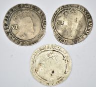 Three James I (1603-25) hammered silver sixpences comprising 1603, 1604 and 1606 examples