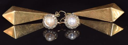 A pair of Victorian gold earrings (9.2g) and a pair of pearl and marcasite earrings