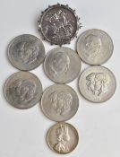 1887 Queen Victoria Jubilee head silver crown mounted as a brooch, together with a 1953 matt