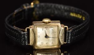 Technos 9ct gold ladies wristwatch with blued hands, Arabic numerals, silver dial and 15 jewel