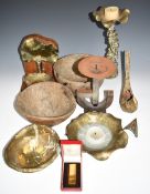 Contemporary cast brass or bronze and polished art metal candlesticks and bowls, some with impressed