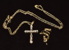 A 9ct gold dolphin pendant set with a sapphire and diamond, 9ct gold cross pendant set with a