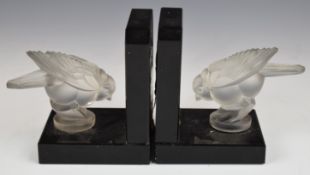 Pair of Art Deco opaque glass chick or bird bookends, possibly Lalique, H12cm