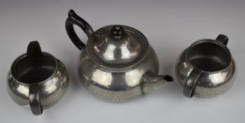 Liberty & Co. Tudric pewter Arts and Crafts or Art Nouveau three piece teaset with hammered