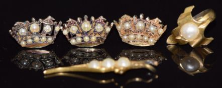 Three c1930 9ct gold earrings in the form of a crown set with seed pearls, and a section of