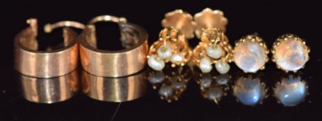 Two pairs of 9ct gold earrings set with moonstones and seed pearls together with a pair of 9ct