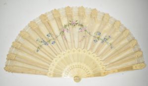 19thC hand decorated satin fan with carved bone sticks, width when open 45cm, with letter of