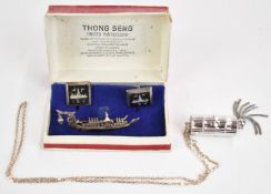 Dulux pendant watch, Siam silver cufflinks and brooch