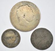 George III 1820 crown LX edge, about Fine, together with an 1816 shilling and a 1776 halfpenny, in a