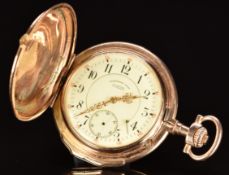 Glashutte 14ct gold keyless winding full hunter pocket watch with inset subsidiary seconds dial,