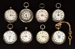 Eight silver open faced pocket watches including John Cole of Weymouth, each with engraved case