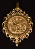 A 1908 gold full sovereign in 9ct gold pendant mount, 13.1g