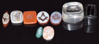 Three carved intaglios, agate masonic intaglios, agate flower cameo, chrysoprase cameo and