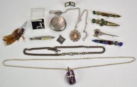 A silver Albert/ chain, silver locket, large amethyst pendant, silver brooch, Miracle brooches,