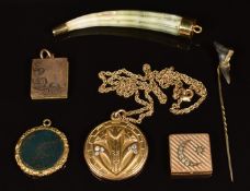Victorian green coral pendant with 9ct gold pendant mount, Art Nouveau locket, Victorian stick pin
