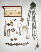 19thC bronze seal, steel housekeeper's chatelaine, Man in the Moon vesta, enamelled Victorian coins,