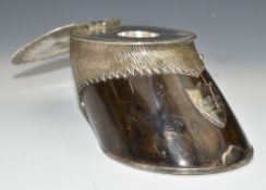 Victorian novelty horse's hoof inkwell with silver plated mounts, length 15cm