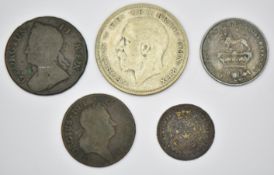 1826 George IV shilling NVF toned, together with George I Irish halfpenny and George II example,