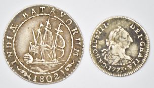 Dutch East Indies 1802 ¼ gulden together with 1773 Carolus III ½ reale