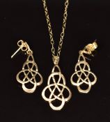 A pair of 9ct gold earrings and necklace, 1.9g