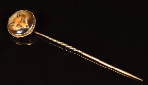 Victorian stick pin set with a painted enamel plaque depicting a fox, in a rope twist border, by