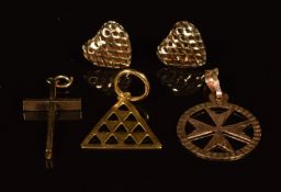 A collection of 9ct gold jewellery including a pair of heart earrings, a cross, a Maltese cross