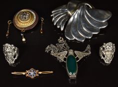 A silver necklace in the form of a perfume bottle set with agate and marcasite, two white metal