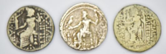 Three Ancient Greek silver coins to include Philip Syria 193-83 BC, each around 24mm diameter