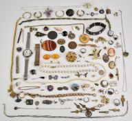 A collection of jewellery including silver watch, silver earrings, agate brooch, Hollywood brooch,