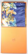 Hermès ladies silk scarf in navy blue with pattern of garden/wild birds, 90 x 90cm, in original