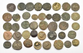 Forty Roman copper / bronze coins, all approximately 17-20mm diameter, most with labels, includes