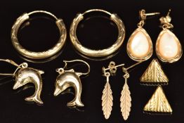 Five pairs of 9ct gold earrings including hoops, dolphins, etc, 5.4g