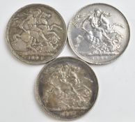 Three Queen Victoria Jubilee head crowns comprising 1887, 1889 and 1891