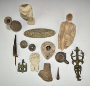 Quantity ancient and ancient style collectables including oil lamps, pots etc including a bronze