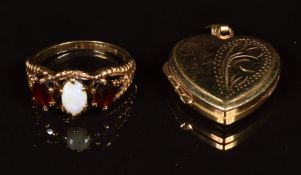 A 9ct gold ring set with an opal and garnets and 9ct gold locket, 5g