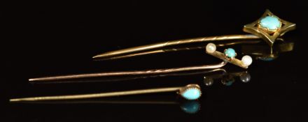 Edwardian 9ct gold stick pin set with a turquoise and seed pearls and two 9ct gold stick pins set